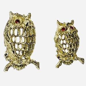 GERRYS Women’s Owls On A Perch Glass Rhinestone Gold Tone Vintage Brooch pin